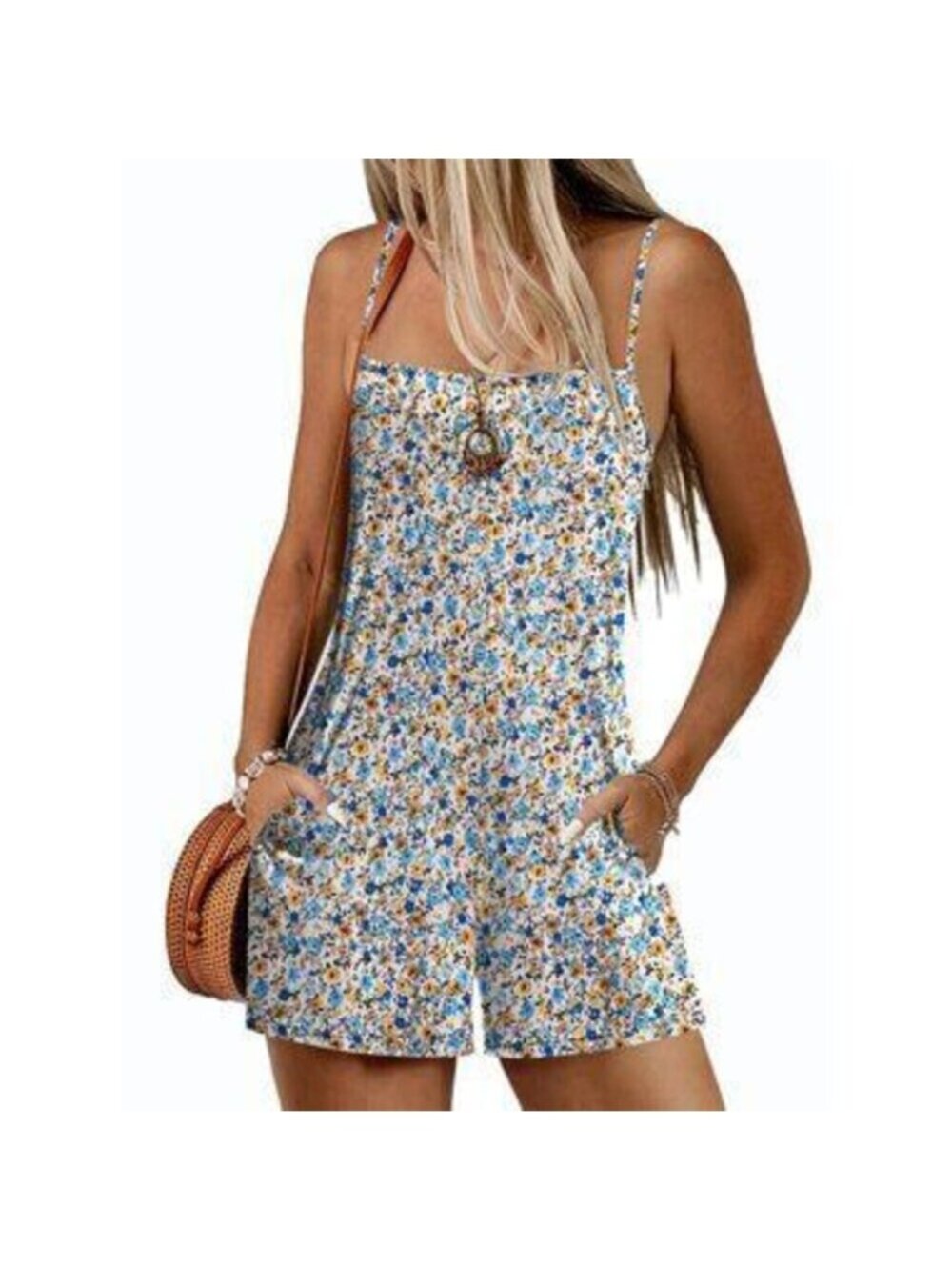 Floral Boho Sleeveless Romper with Pockets
